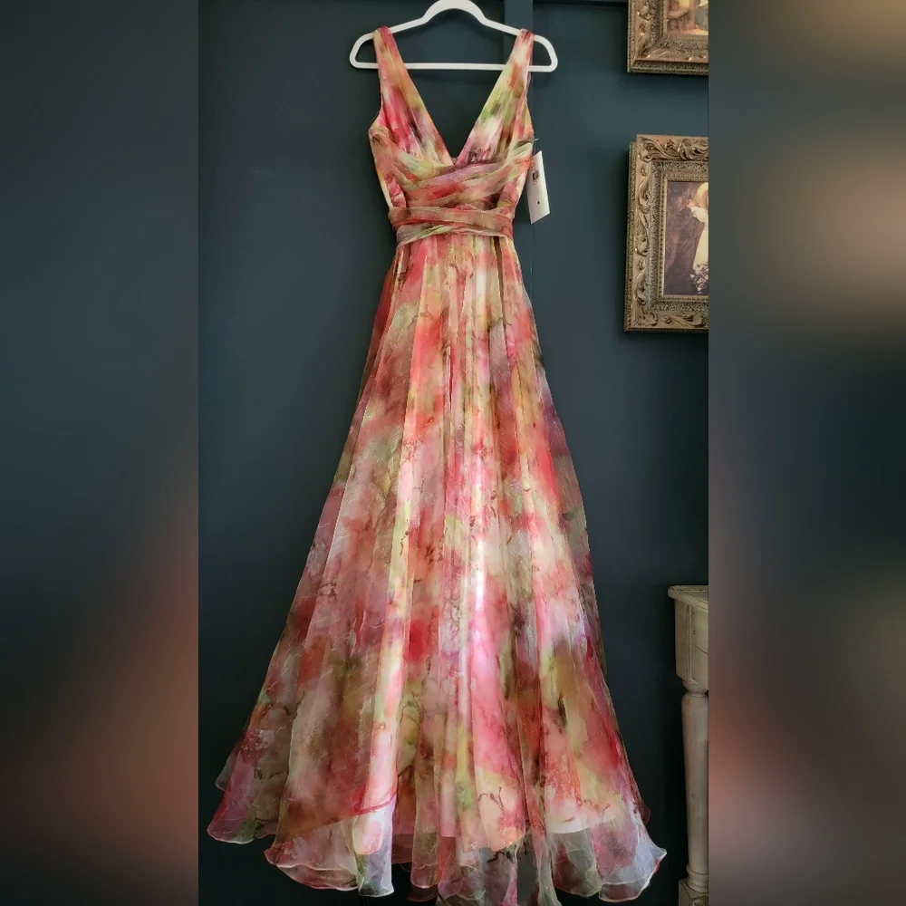 NWT Theia Faye Painterly Bow Organza Lightweight Chiffon Flowy A-line Gown 4‎ - Picture 5 of 15